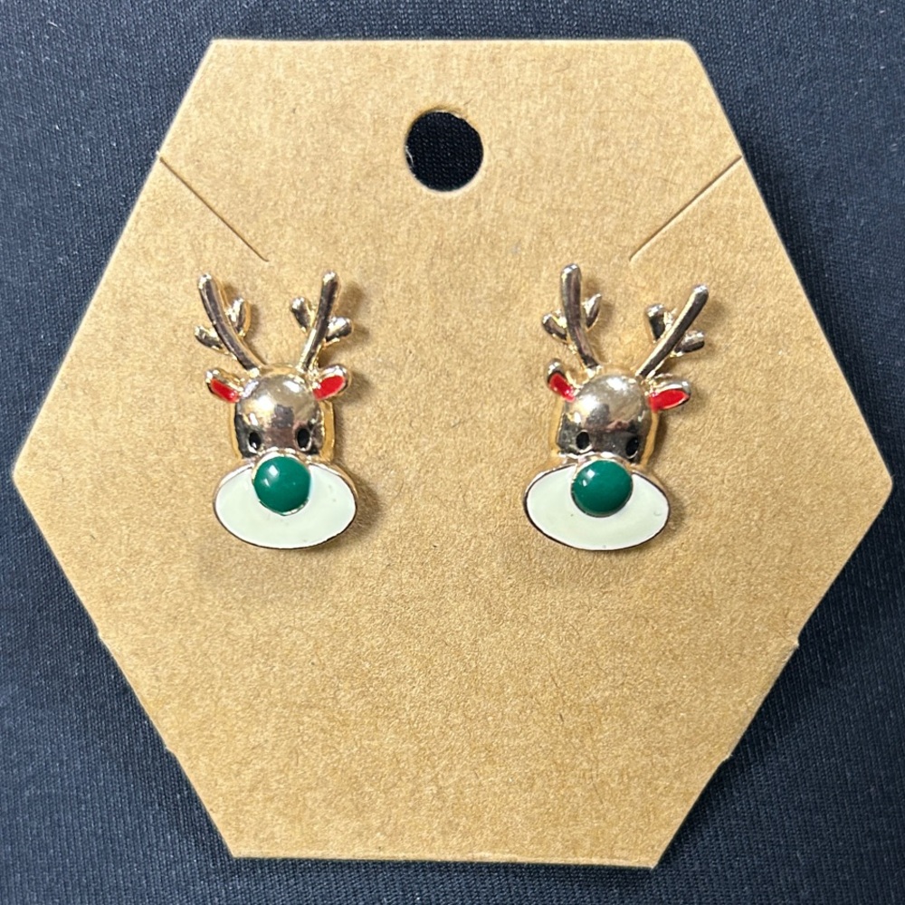 Christmas Gold-tone Reindeer Stud Earrings with Green and Red Accents